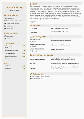 Beslenme Uzmanı Diyetisyen CV Örnekleri cv indir